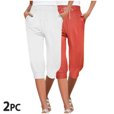 CLOISE Womens Capri Yoga Pants 2 Pack Capri Yoga Pants With Pockets Athletic Elastic Waist Stretch Capri Leggings Drawstring Mid Rise Cropped Pants Solid Lounge Soft Capri Trousers Multicolor