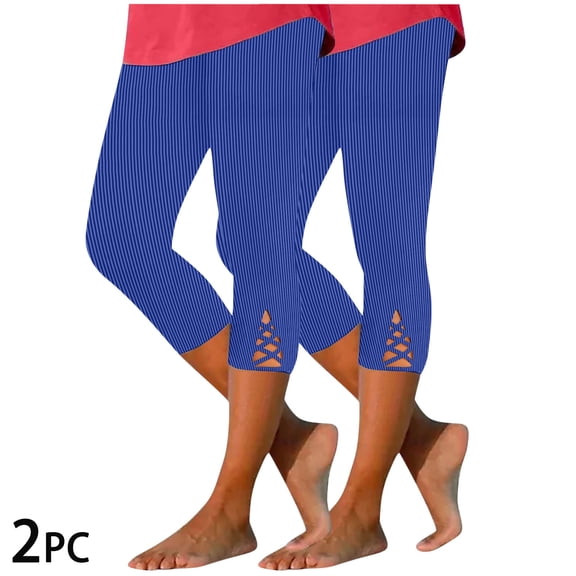 CLOISE Womens Capri Yoga Pants 2 Pack High Waisted Cutout Capri Leggings Pull On Stretch Soft Capri Yoga Pants Elastic Waist Lounge Capris Striped Lounge Capri Pants Summer Blue