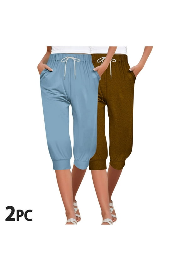 Womens Capri Yoga Pants 2 Pack Petite Capri Pants With Pockets Stretch Mid Rise Workout Leggings Solid Mid Rise Cropped Trousers Fashion Drawstring Lounge Capri Pants Solid Multicolor