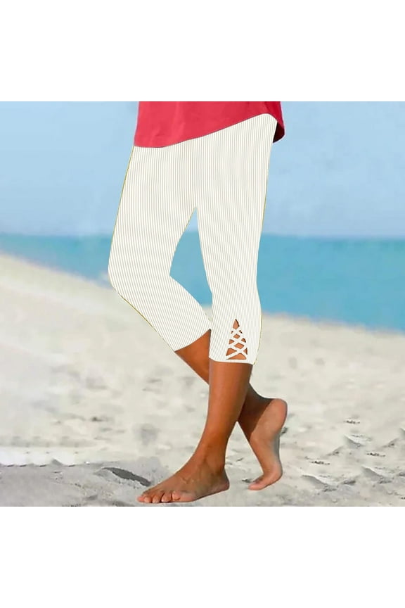 Womens Capri Yoga Pants High Waisted Cutout Capri Leggings Pull On Stretch Soft Capri Yoga Elastic Waist Workout Cropped Pants Striped Lounge Capri Pants White