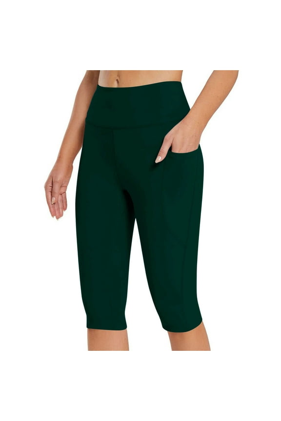 Womens Capri Yoga Pants Stretch Capri Leggings With Pockets Running Mid Rise Workout Cropped Pants Elastic Waist Pull On Soft Capri Yoga Pants Solid Lounge Capri Trousers Fashion Army Green