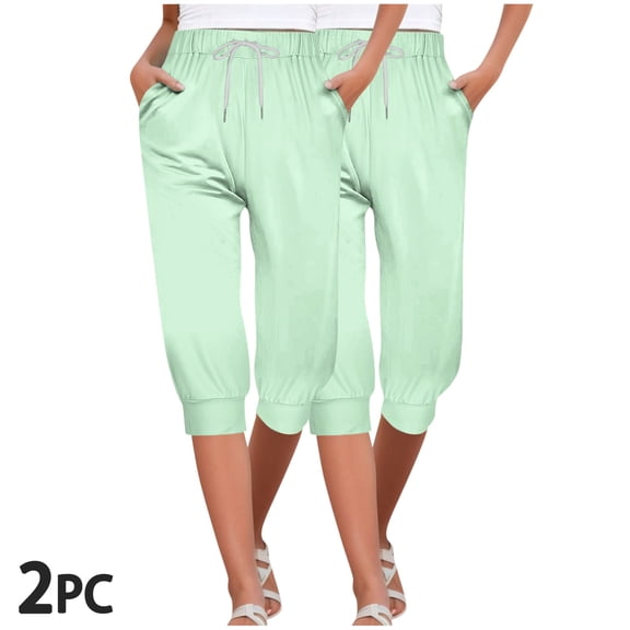 CLOISE Womens Capris 2 Pack Stretch Capris Joggers With Pockets Drawstring Soft Elastic Waist Running Petite Capri Sweatpants Pull On Capri Lounge Pants Solid Yoga Capris Summer Mint Green