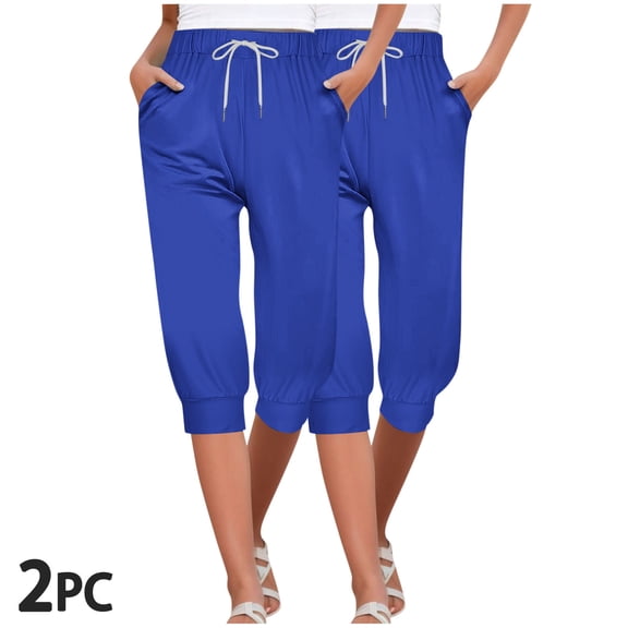 CLOISE Womens Capris 2 Pack With Pockets Workout Capris Lounge Joggers Pull On Elastic Waist Sweatpants Drawstring Athletic Cropped Pants Soft Solid Stretchy Yoga Capris Blue