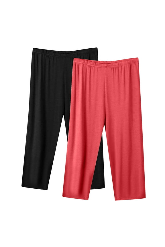 Womens Capris Athletic 2 Pack Plus Size Workout Pants Pull On Stretch Capris Active Mid Rise Capris Solid Butt Lifting Capri Leggings Comfy Loose Cropped Pants Red