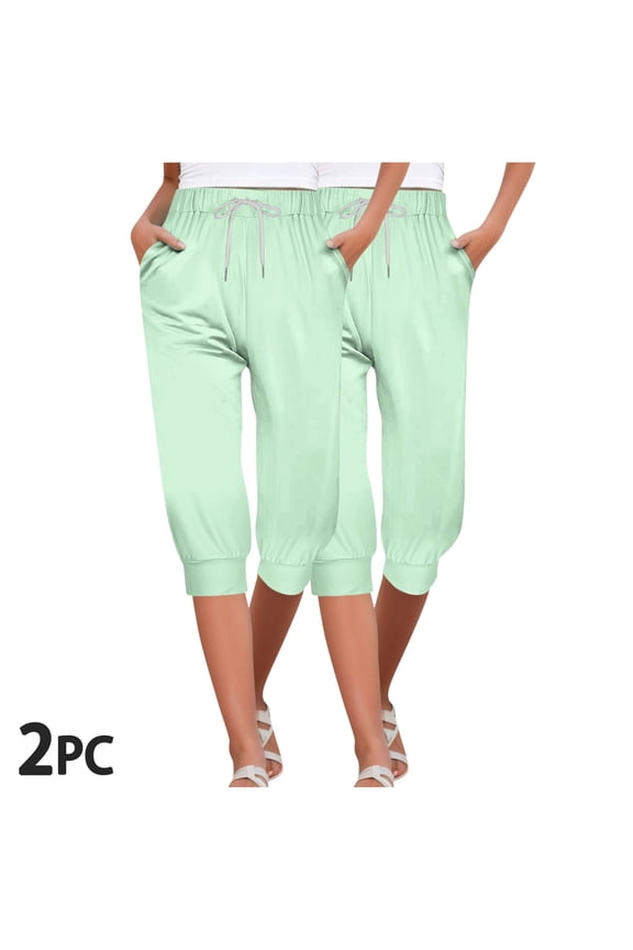 Womens Capris Athletic 2 Pack Stretch Capris Joggers With Pockets Drawstring Soft Elastic Waist Running Petite Capri Sweatpants Pull On Capri Lounge Pants Solid Yoga Capris Summer Mint Green