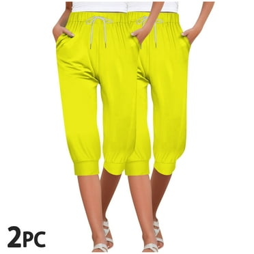 CLOISE Womens Capris Athletic 2 Pack With Pockets Workout Capris Lounge Joggers Pull On Elastic Waist Sweatpants Drawstring Athletic Cropped Pants Soft Solid Stretchy Yoga Capris Yellow