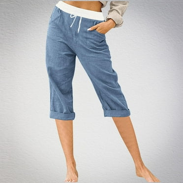 CLOISE Womens Capris Athletic Cotton Linen Capris With Pockets Stretch High Waisted Cropped Pants Straight Pull On Capri Pants Elastic Waist Lounge Capris Drawstring Soft Yoga Trousers Blue