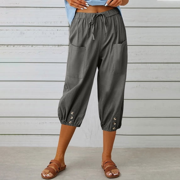 CLOISE Womens Capris Athletic With Pockets Cotton Linen Capris Lounge Elastic Waist Capris Pants Pull On Drawstring Cropped Pants Casual Straight Trousers Summer Dark Gray