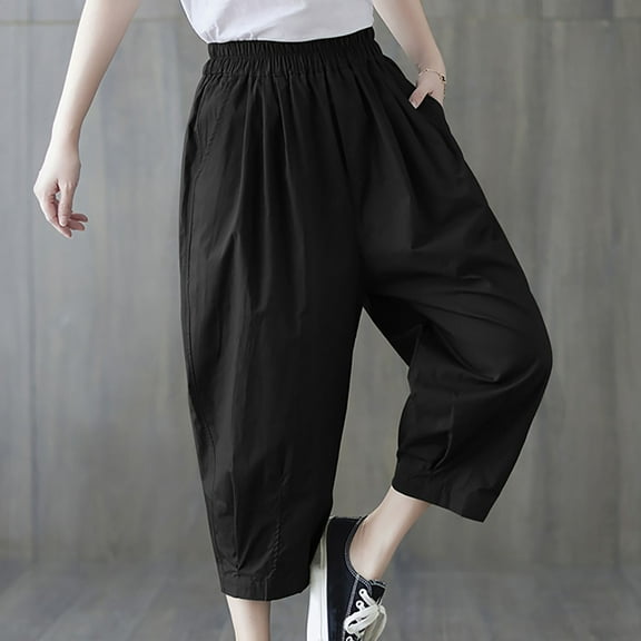 CLOISE Womens Capris Athletic With Pockets Cotton Linen Capris Pants Athletic Mid Rise Lounge Capris Pull On Cropped Pants Loose Elastic Waist Cropped Trousers Solid Summer Black