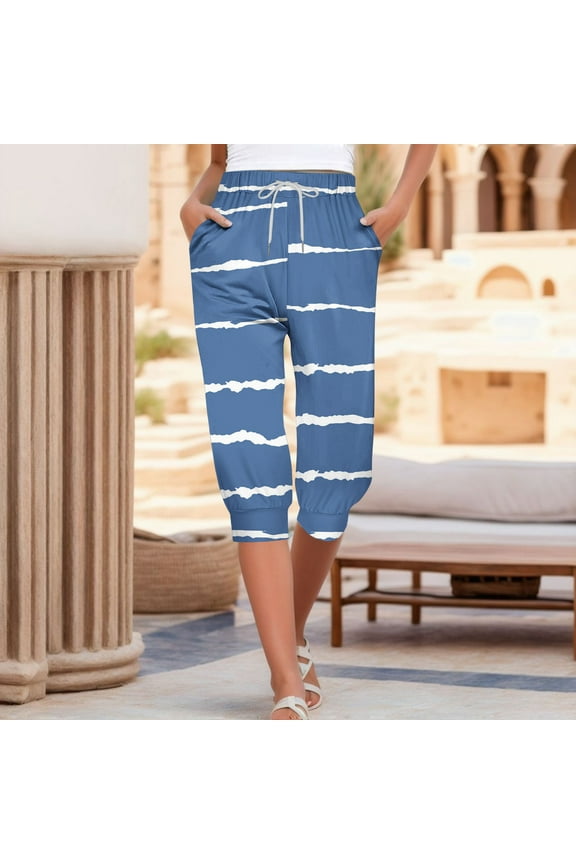 Womens Capris Athletic With Pockets Workout Capris Lounge Joggers Pull On Elastic Waist Sweatpants Drawstring Athletic Cropped Pants Soft Stretchy Striped Yoga Capris Blue