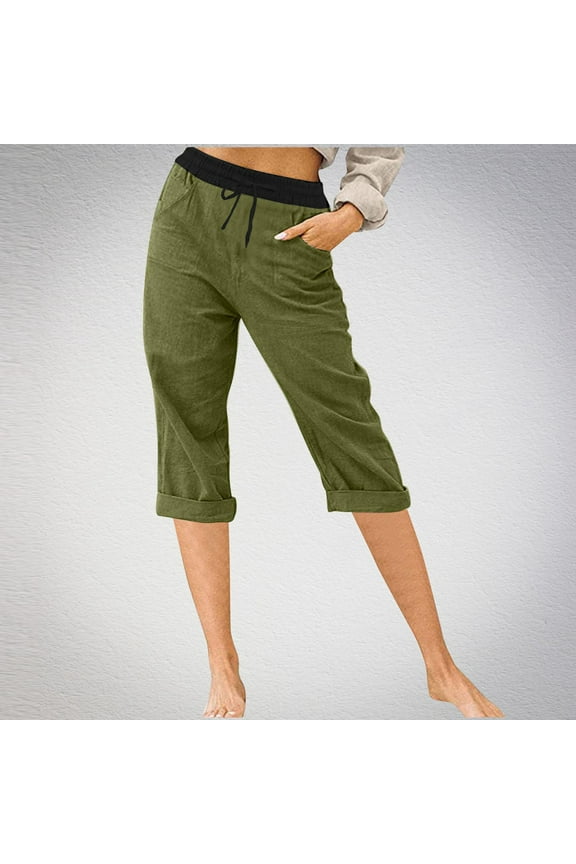Womens Capris Cotton Linen Capris With Pockets Stretch High Waisted Cropped Pants Straight Pull On Capri Pants Elastic Waist Lounge Capris Drawstring Soft Yoga Trousers Green