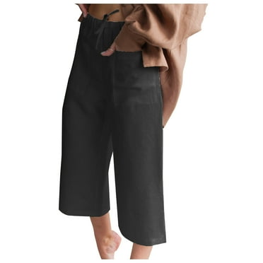 CLOISE Womens Capris With Pockets Cotton Linen Capris Pants Athletic Mid Rise Lounge Capris Pull On Cropped Pants Loose Elastic Waist Cropped Trousers Solid Summer Black