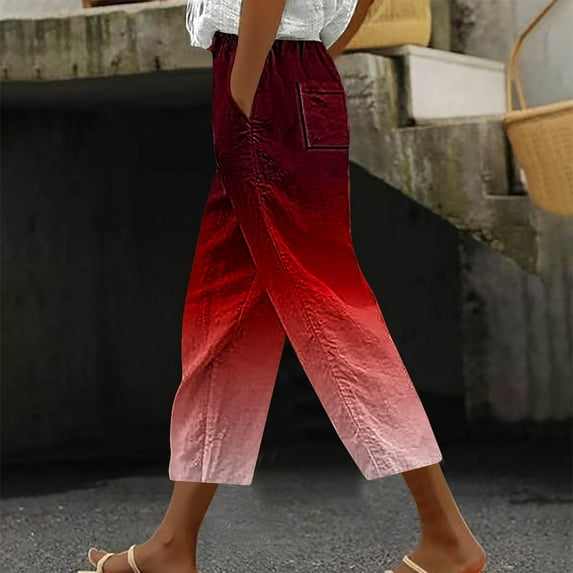 CLOISE Womens Capris with Pockets Plus Size Stretch Wide Leg Pants Elastic High Waisted Palazzo Pants Summer Casual Fashion Gradient Color Loose Lightweight Cropped Flowy Trousers Red 3XL