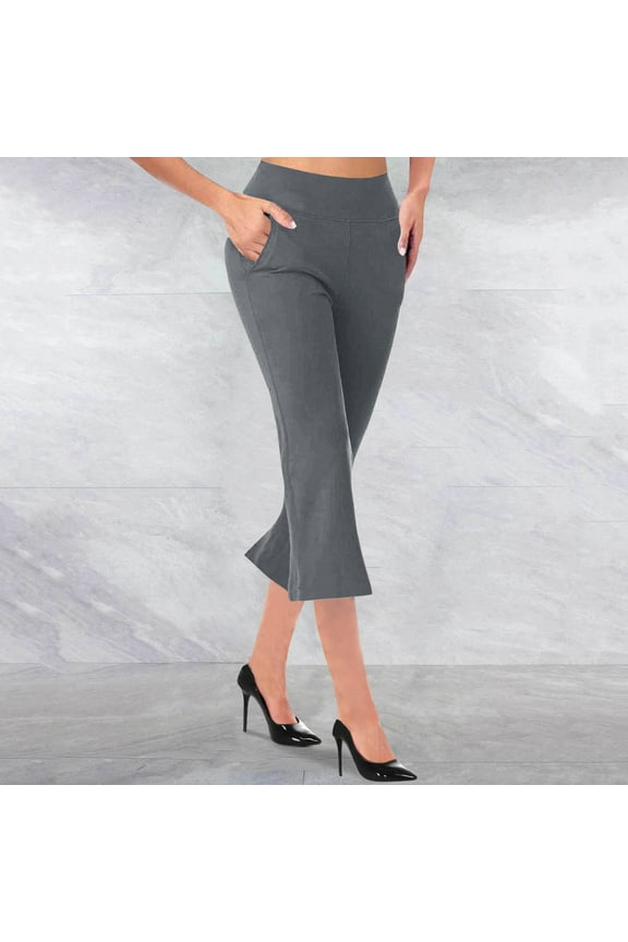 Womens Capris with Pockets Stretch Flare Pants Elastic High Waisted Wide Leg Pants Petite Summer Casual Fashion Solid Loose Cropped Flowy Trousers Dark Gray L