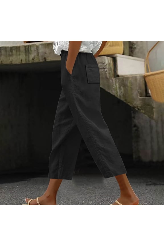 Womens Capris with Pockets Stretch Wide Leg Pants Elastic High Waisted Palazzo Pants Petite Summer Casual Fashion Solid Loose Lightweight Cropped Flowy Trousers Black 2XL
