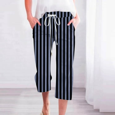 CLOISE Womens Capris with Pockets Stretch Wide Leg Pants Elastic High Waisted Palazzo Pants Petite Summer Casual Fashion Striped Pants Loose Lightweight Cropped Flowy Trousers Dark Blue XL
