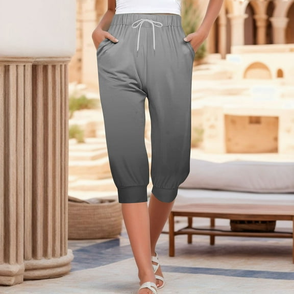 CLOISE Womens Capris with Pockets Stretch Yoga Pants Elastic High Waisted Golf Pants Petite Summer Casual Fashion Gradient Color Loose Lightweight Cropped Sweatpants Black XL