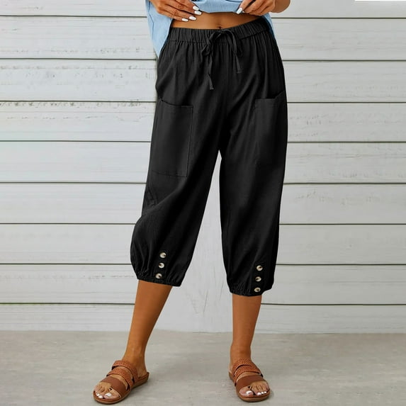 CLOISE Womens Capris With Pockets Cotton Linen Capris Lounge Elastic Waist Capris Pants Pull On Drawstring Cropped Pants Casual Straight Trousers Summer Black