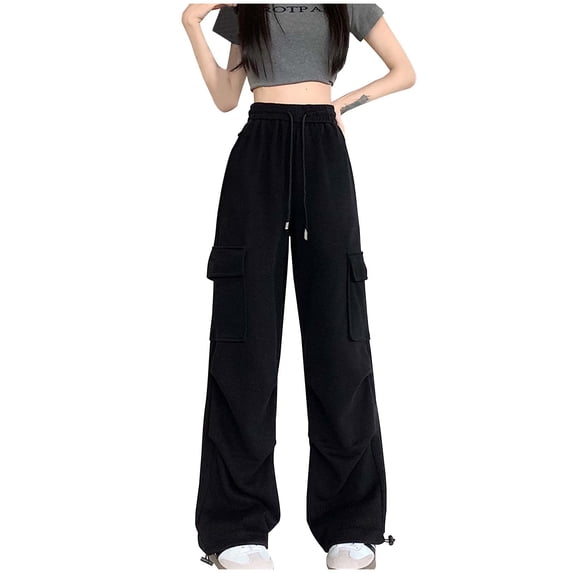 CLOISE Womens Cargo Work Pants Plus Size High Waist Trousers Wide Leg Drawstring Baggy Solid Bottoms Ruched Casual Clothes with Pockets