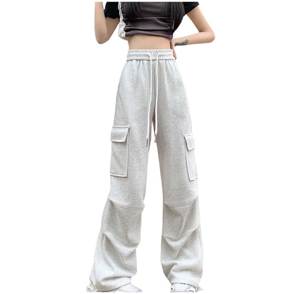 CLOISE Womens Cargo Work Pants Plus Size High Waist Trousers Wide Leg Drawstring Baggy Solid Bottoms Ruched Casual Clothes with Pockets