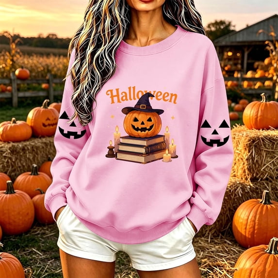 CLOISE Womens Crewneck Sweatshirt Graphic Halloween Fleece Lining Casual Pullover Pumpkin Long Sleeve Cuffed Sleeve Tops Fall Winter Loose Clothing for Daily Wear Pink XS
