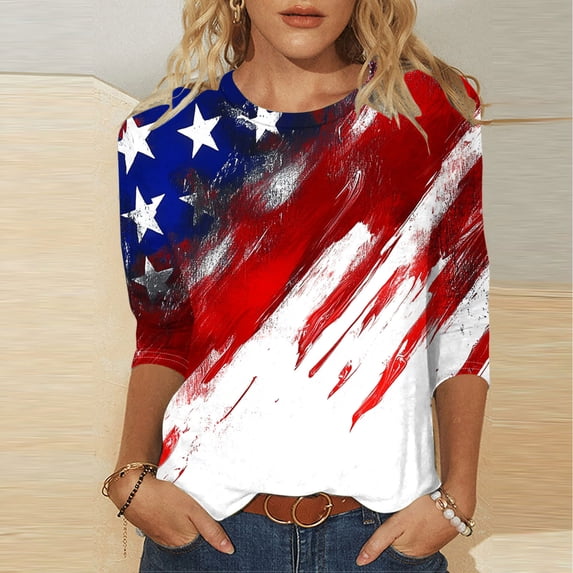 CLOISE Womens Dressy Blouses 3/4 Sleeve American Flag Plus Size Red White Blue Tops Crewneck Holiday USA Themed Pullover Loose Patriotic Outfits