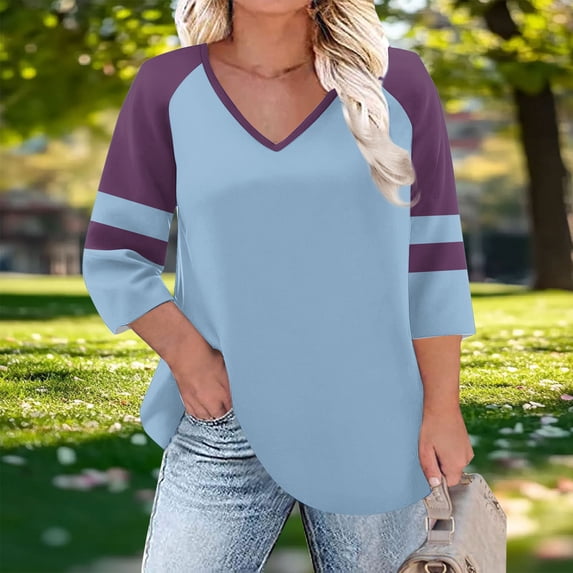 CLOISE Womens Dressy Blouses 3/4 Sleeve Plus Size Tops Tunic V Neck Casual Pullover Color Block Loose Summer T Shirts Light Blue