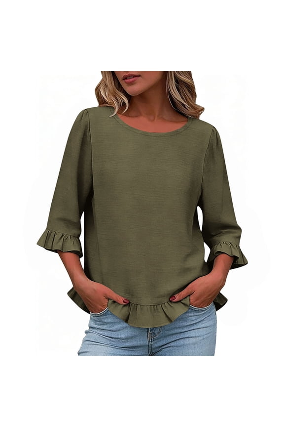 Womens Dressy Blouses 3/4 Sleeve Ruffle Bell Sleeve T Shirts Solid Color Crew Neck Pullover Cotton Blend Elegant Fall Tops Army Green 2XL