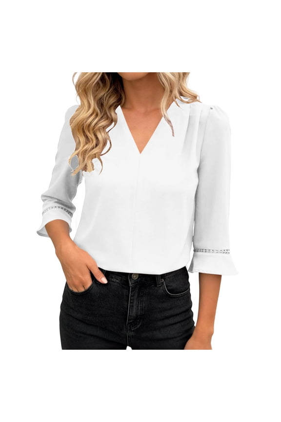 Womens Dressy Blouses 3/4 Sleeve Ruffle Bell Sleeve T Shirts Solid Color V Neck Pullover Trendy Fall Tops White XL