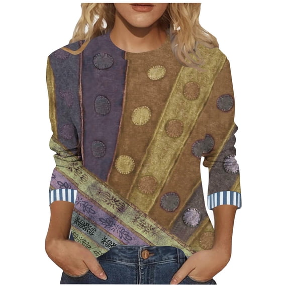 CLOISE Womens Dressy Blouses Plus Size 3/4 Sleeves T Shirts Loose Print V Neck Pullover Trendy Fall Tops Brown 4XL