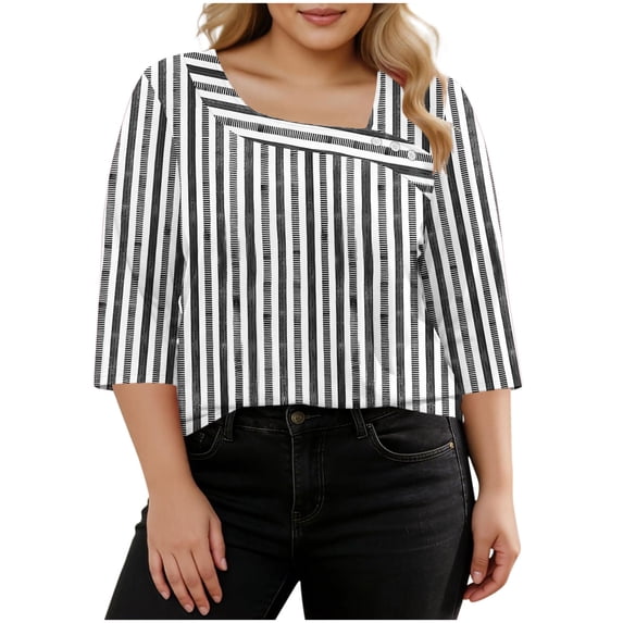 CLOISE Womens Dressy Blouses Plus Size 3/4 Sleeves T Shirts Loose Striped Asymmetric Neck Pullover Trendy Fall Tops Black XL