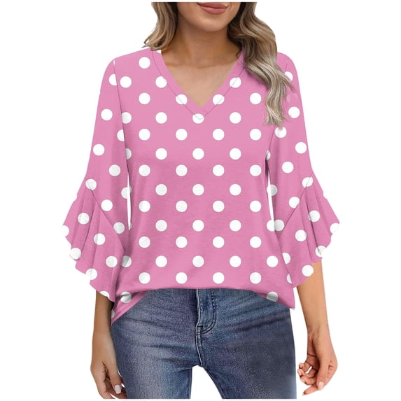 CLOISE Womens Dressy Tops and Blouses 3/4 Sleeve Bell Sleeve Shirts Loose Polka Dot V Neck Pullover Trendy Fall Clothes Pink M