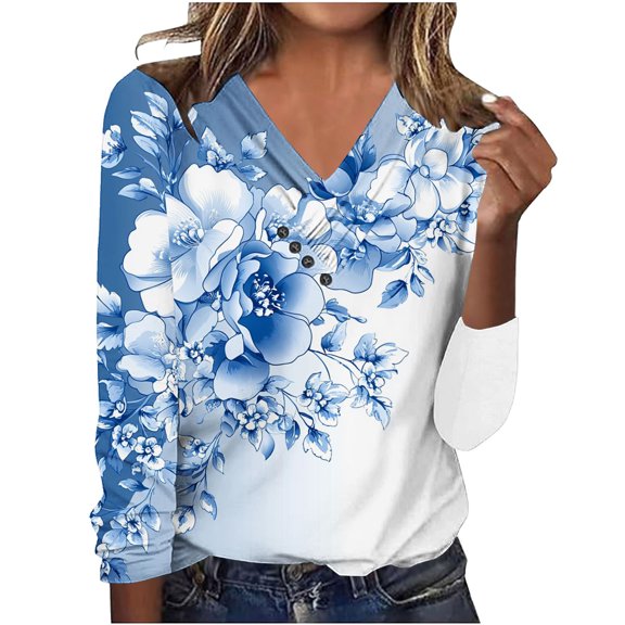 CLOISE Womens Graphic T Shirts V Neck Tops Button Graphic Long Sleeve Pullover Cute Fall Winter Clothes Light Blue XL