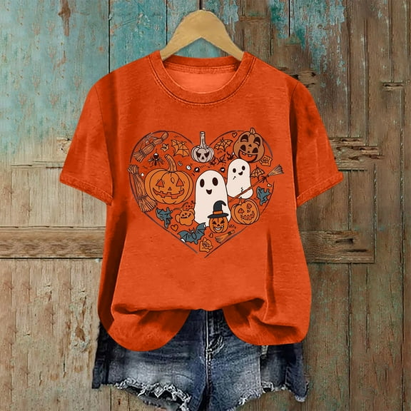 CLOISE Womens Halloween Shirts Fashion Halloween Pumpkin Ghost Print Tees Short Sleeve Round Neck Tops Basic Tunic Oversized Shirts Spooky Season Clothes Halloween Gift