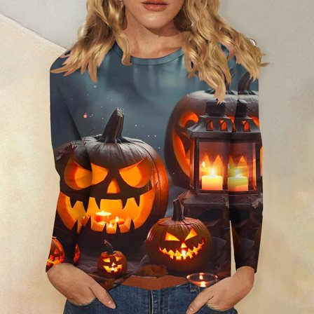 CLOISE Womens Halloween Shirts Fashion Halloween Pumpkin Print Tees Long Sleeve Round Neck Tops Basic Tunic Oversized Shirts Spooky Season Clothes Halloween Gift