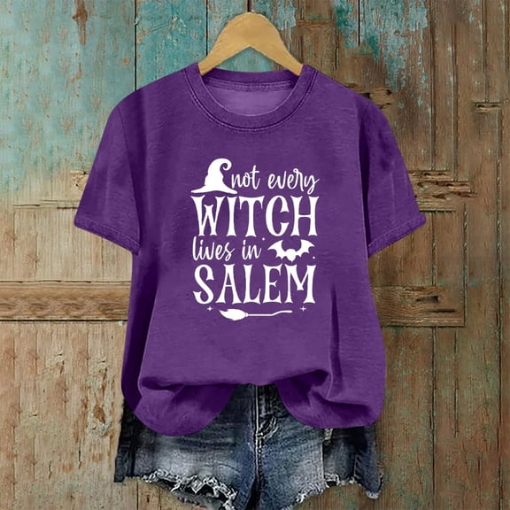 CLOISE Womens Halloween Shirts Fashion Halloween Witch Salem Printed Tops Short Sleeve Scoop Neck Shirts Basic Tunic Comfy Blouses Party Outfits Winter Gift