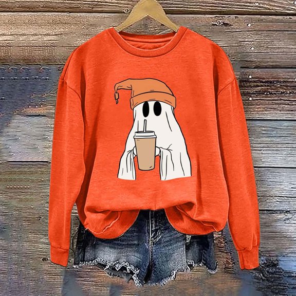 CLOISE Womens Halloween Sweatshirts Funny Ghost Graphic Oversized Sweatshirts Fall Long Sleeve Crewneck Hoodies Shirts Casual Blouses Holiday Party Outfits Orange XL Treat