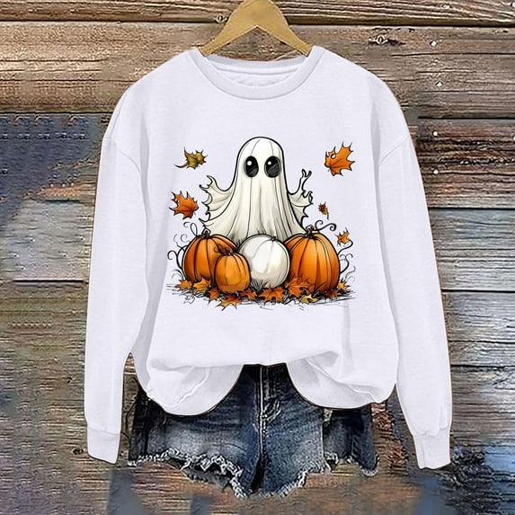 CLOISE Womens Halloween Sweatshirts Trendy Ghost Graphic Pullover Sweatshirts Fall Long Sleeve Round Neck Hoodies Shirts Tunic Tees Halloween Gift Outfits White XS Treat