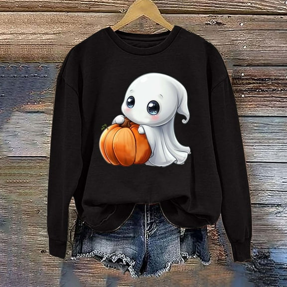 CLOISE Womens Halloween Sweatshirts Trendy Ghost Print Pullover Sweatshirts Fall Long Sleeve Crewneck Hoodies Shirts Tunic Tops Halloween Party Clothes Black XS Boo