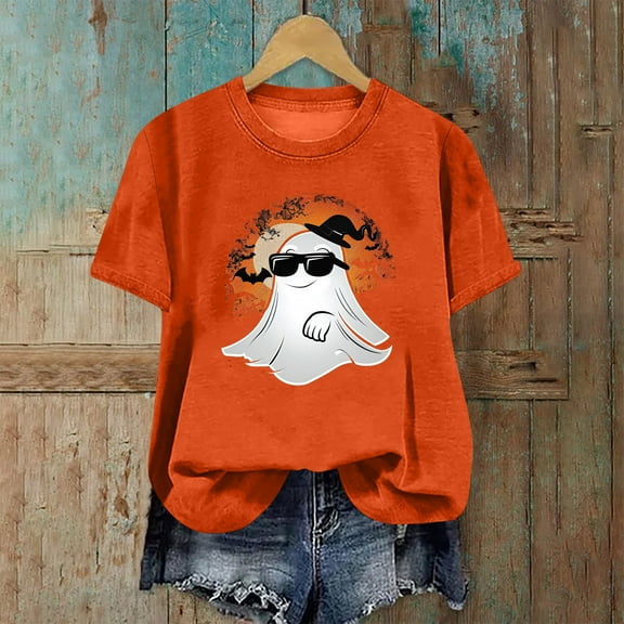 CLOISE Womens Halloween Tees Funny Halloween Ghost Graphic Tees Short Sleeve Round Neck Tops Basic Loose Oversized Shirts Boo Season Clothes Halloween Gift