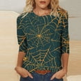 thumbnail image 1 of CLOISE Womens Halloween Tees Funny Halloween Spider Web Print Shirts 3/4 Sleeve Scoop Neck Blouses Basic Tunic Oversized Tees Boo Festival Clothes Gift, 1 of 5