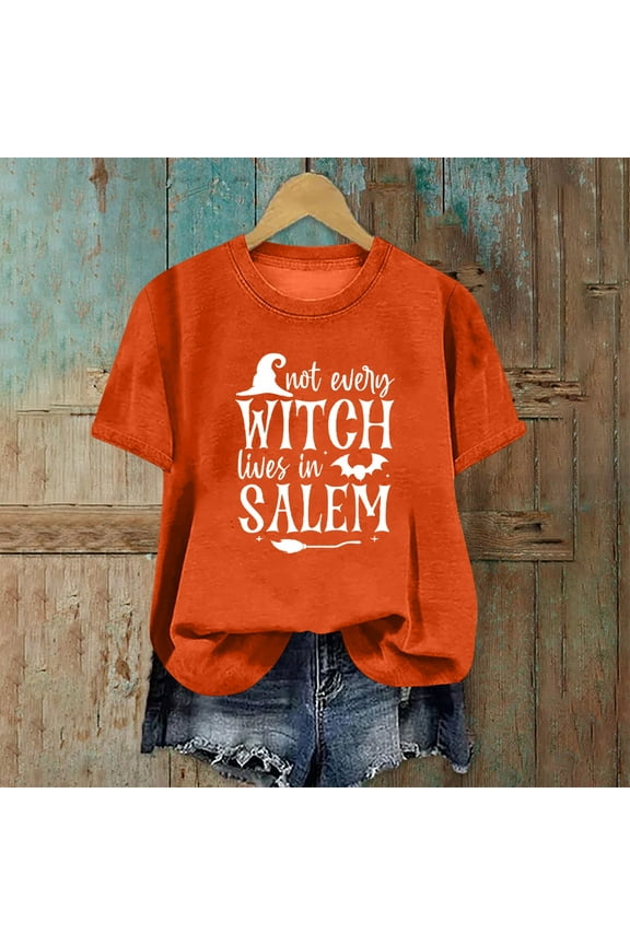 Womens Halloween Tees Funny Halloween Witch Salem Graphic Tees Short Sleeve Round Neck Tops Basic Loose Oversized Shirts Boo Season Clothes Halloween Gift