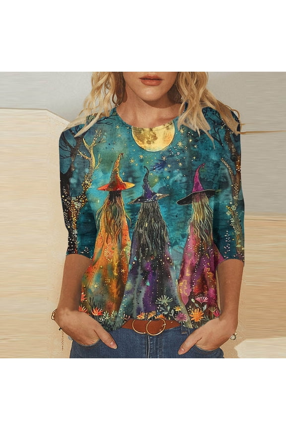 Womens Halloween Tees Funny Halloween Witch Graphic Tees 3/4 Sleeve Round Neck Tops Basic Loose Oversized Shirts Boo Season Clothes Halloween Gift