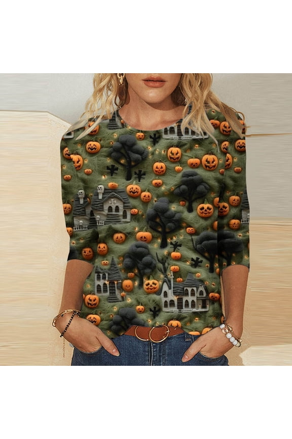 Womens Halloween Tops Funny Halloween Pumpkin Printed Tees 3/4 Sleeve Crewneck Tops Basic Loose Oversized Shirts Boo Party Outfits Fall Gift