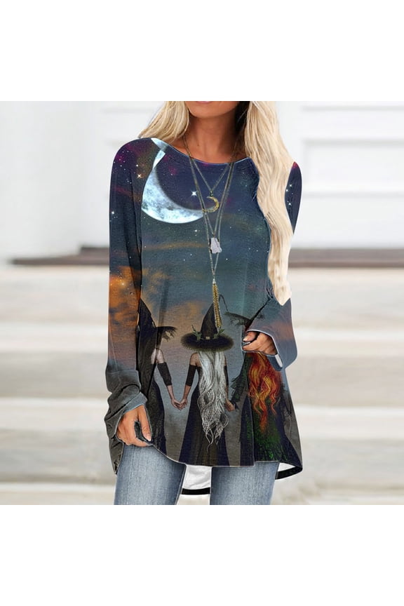 Womens Halloween Tops Funny Halloween Witch Print Shirts Long Sleeve Crew Neck Raglan Blouses Flowy Tunic Oversized Tees Boo Festival Clothes Gift