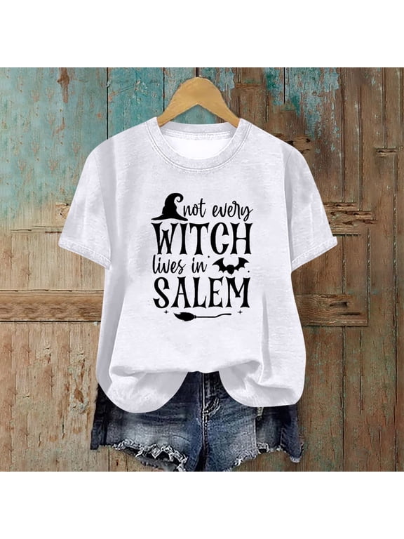 Womens Halloween Tops Funny Halloween Witch Salem Graphic Tees Short Sleeve Crew Neck Tops Basic Tunic Oversized Shirts Boo Party Outfits Fall Gift