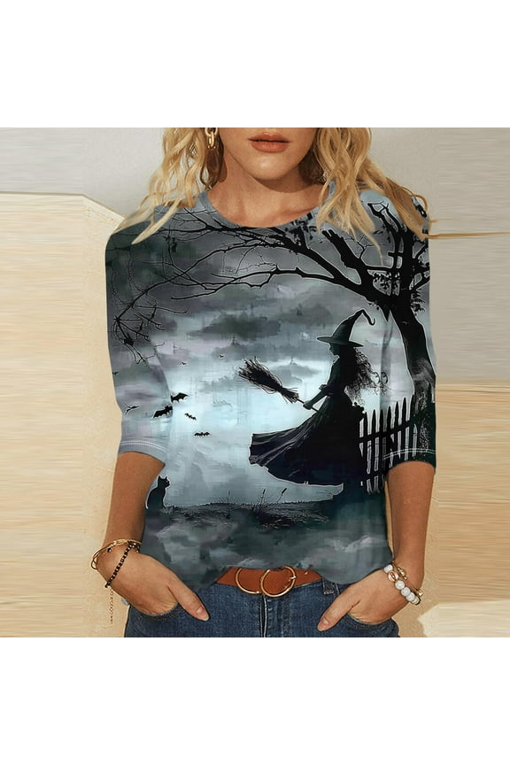 Womens Halloween Tops Funny Halloween Witchy Printed Tops 3/4 Sleeve Round Neck Shirts Basic Tunic Comfy Blouses Spooky Party Outfits Winter Gift