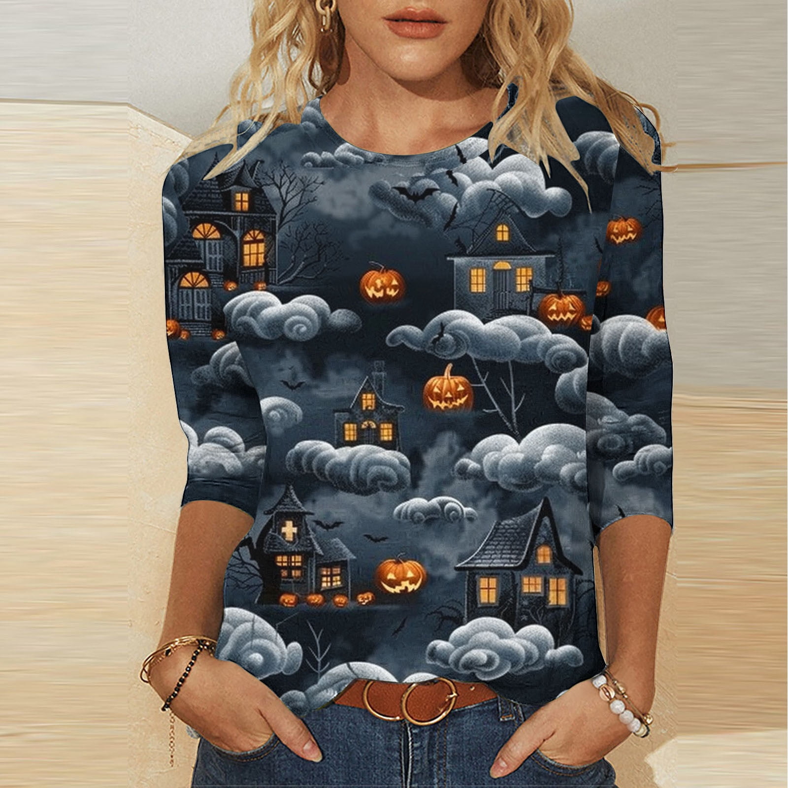 CLOISE Womens Halloween Tops Funny Halloween Pumpkin Print Tops 3/4