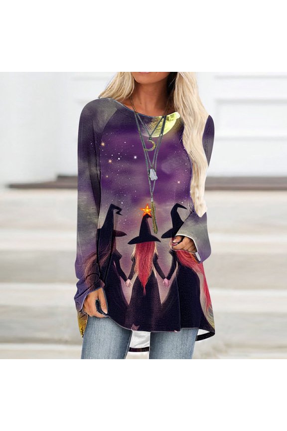 Womens Halloween Tops Plus Size Funny Halloween Witchy Printed Tops Long Sleeve Crewneck Raglan Shirts Elegant Tunic Comfy Blouses Spooky Season Outfits Gift