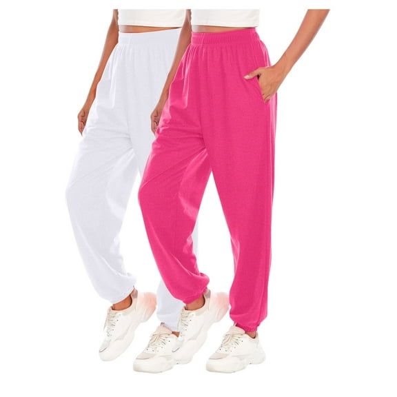 CLOISE Womens Jogger Sweatpants 2 Pack Baggy Joggers Loose Petite Tall Elastic Bottom Pants Hot Pink Y2k Elastic Waist Solid Sweatpants with Pockets Trendy Winter Long Trousers L